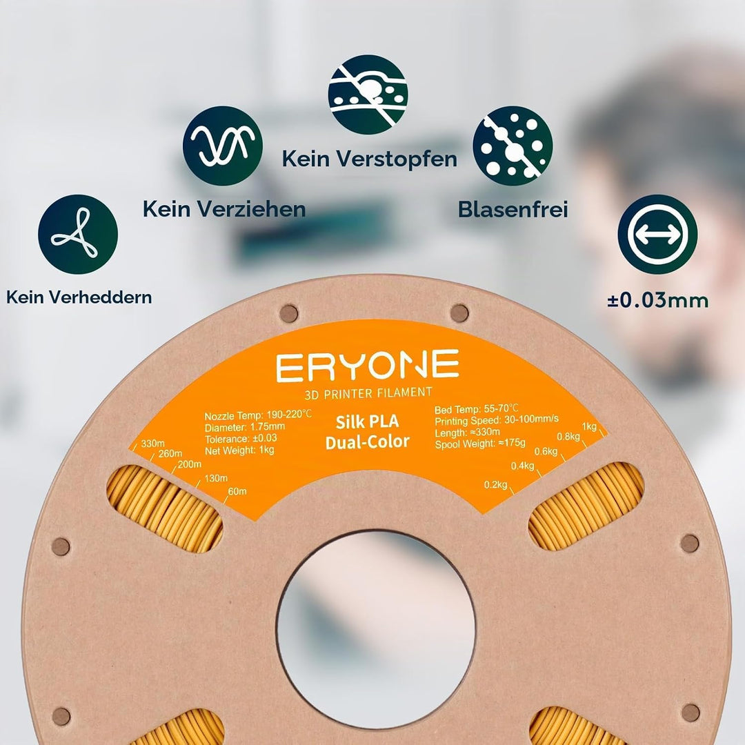 ERYONE Dual Seiden PLA Filament 1.75mm,Co-Extrucsion PLA Seiden Filament für 3D Drucker +/- 0,03 mm,