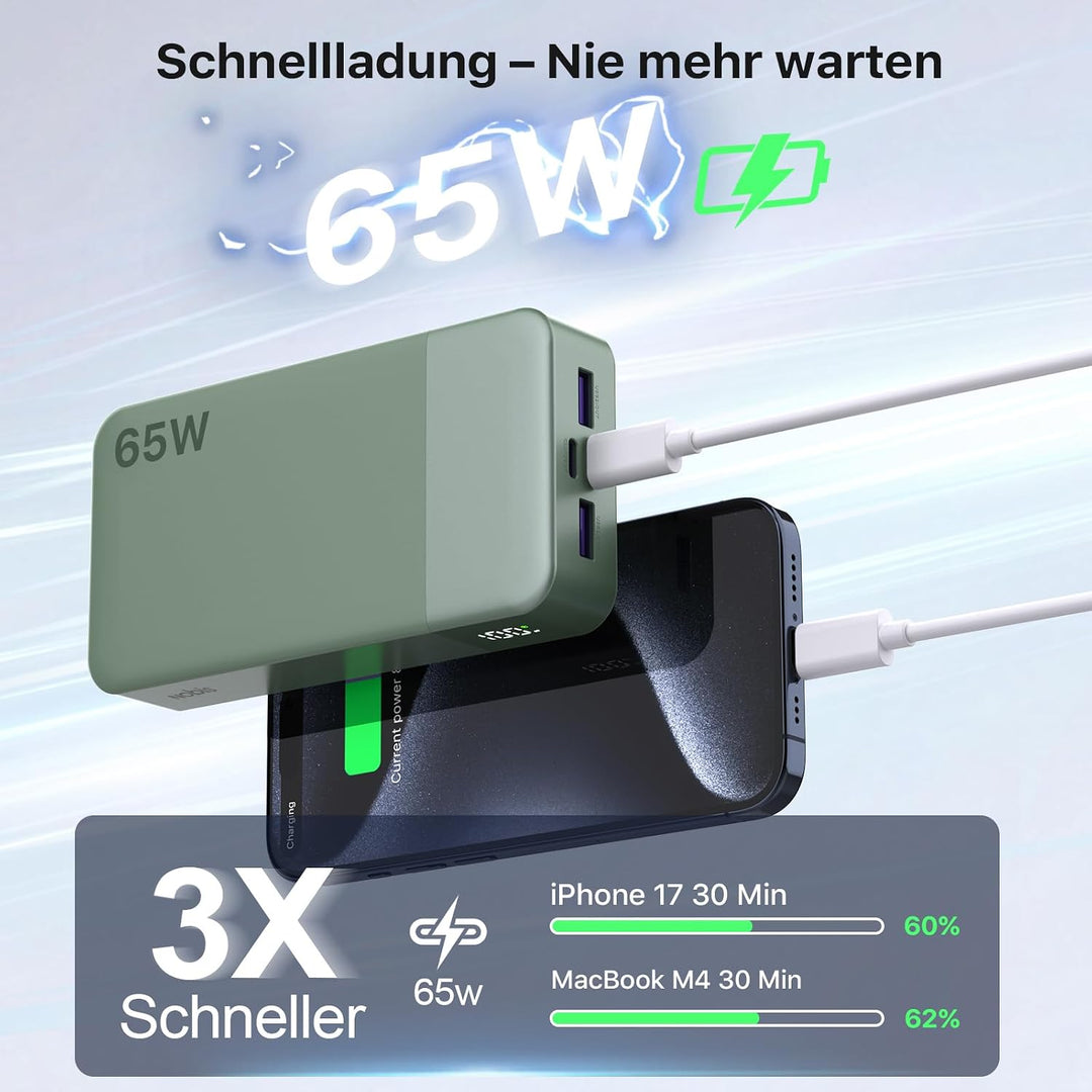 NOBIS 65W 20.000 mAh PD QC Schnelllade Powerbank mit Digitalanzeige Grün, Grün
