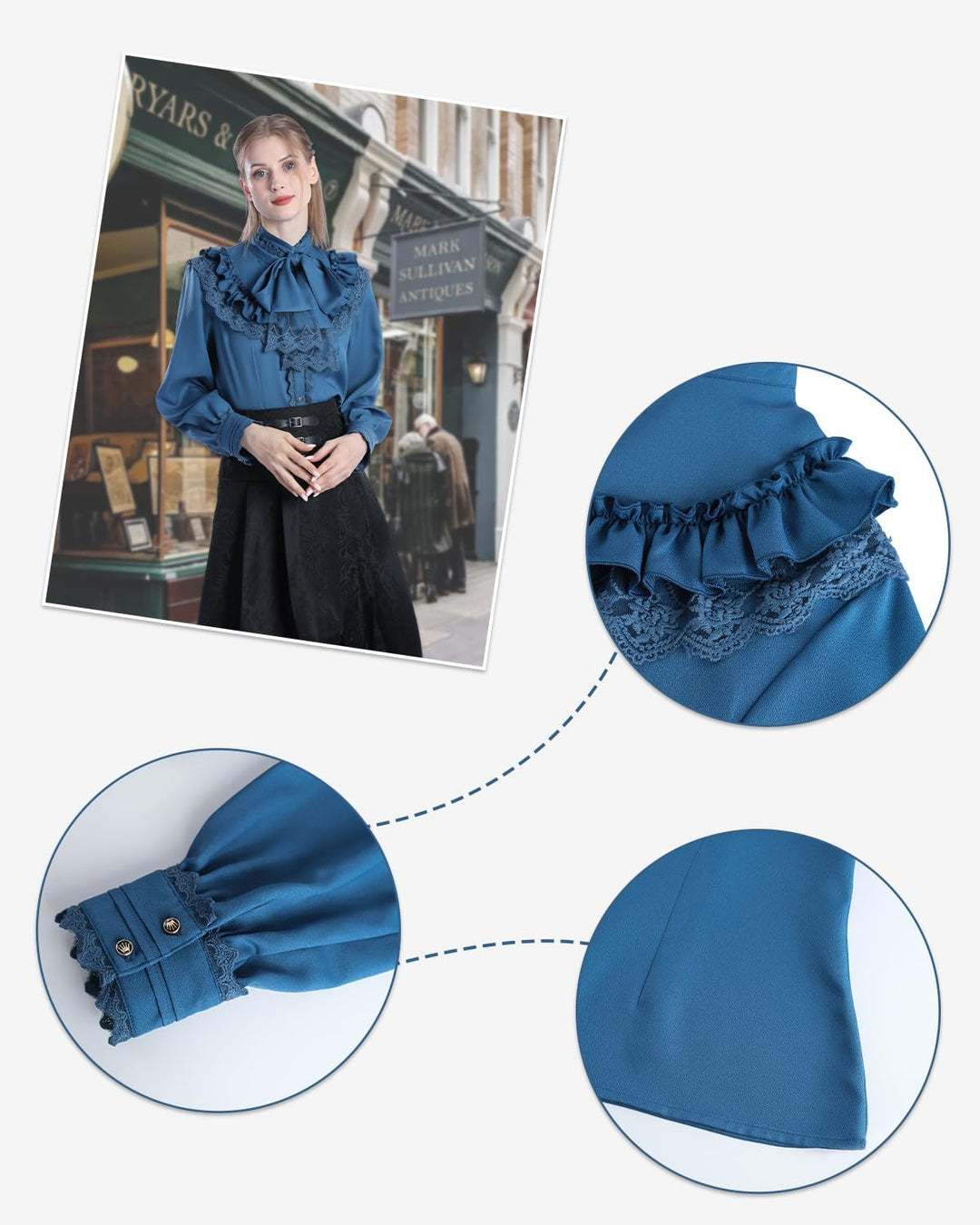 CR ROLECOS Viktorianische Bluse Damen Stehkragen Damen Mittelalter Rüschenbluse Vintage Bluse Blau M