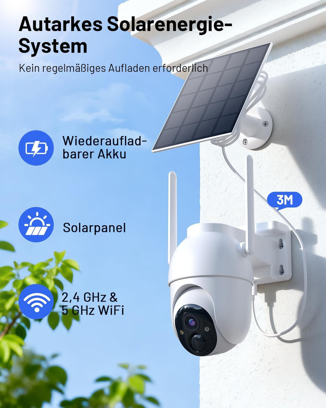 2K Überwachungskamera Aussen Akku Solar, 2-Cam-Set mit Basisstation | 360° PTZ Kabellos, 32G Lokaler