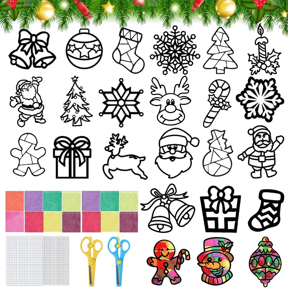 TUIBEIDAMAI Weihnachten Basteln Kinder, 24 Stück Fensterbilder, Sonnenfänger Bastelset, Bastelvorlag