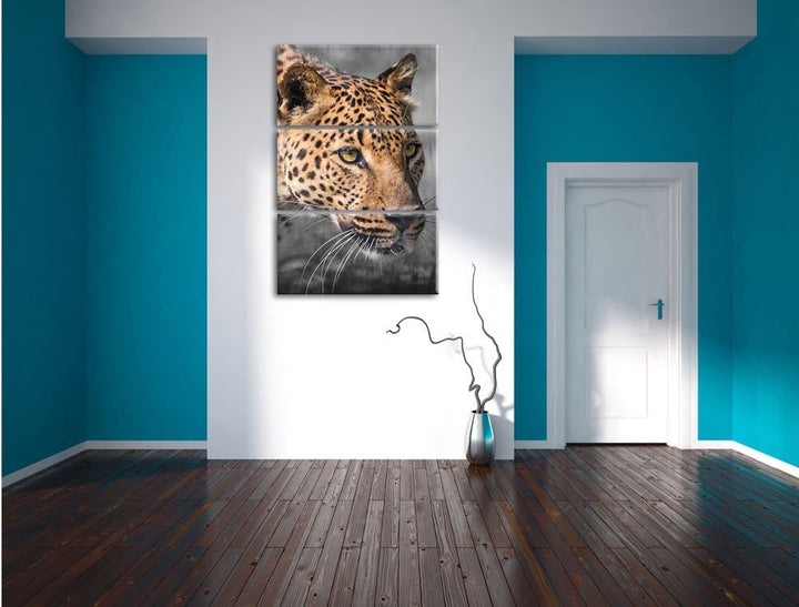 Pixxprint schleichender Leopard schwarz/weiss 3-Teiler Leinwandbild 120x80 Bild auf Leinwand