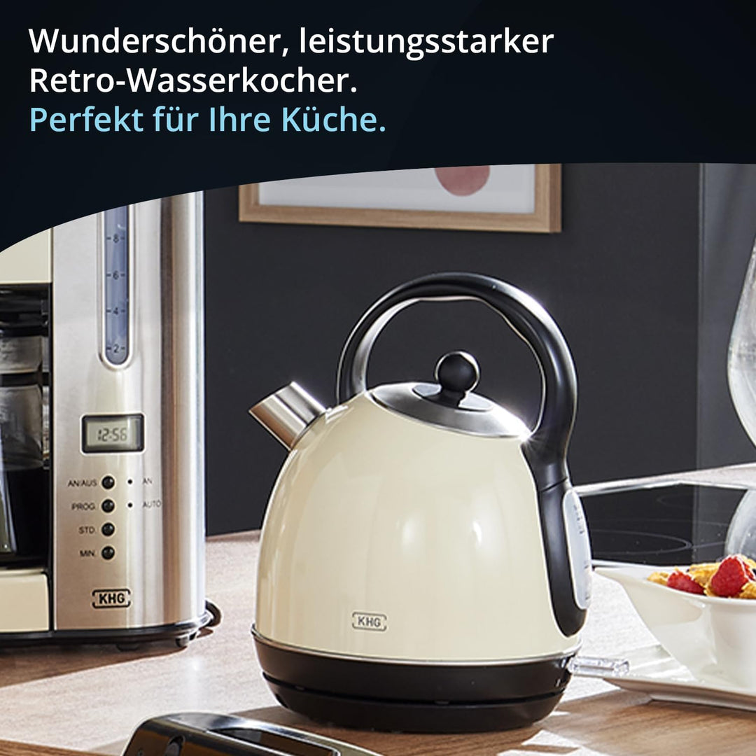 KHG WK-1711 (C) Wasserkocher Retro 1,7 Liter | Kessel-Wasserkocher in Creme | 360° Sockel | Kalkfilt