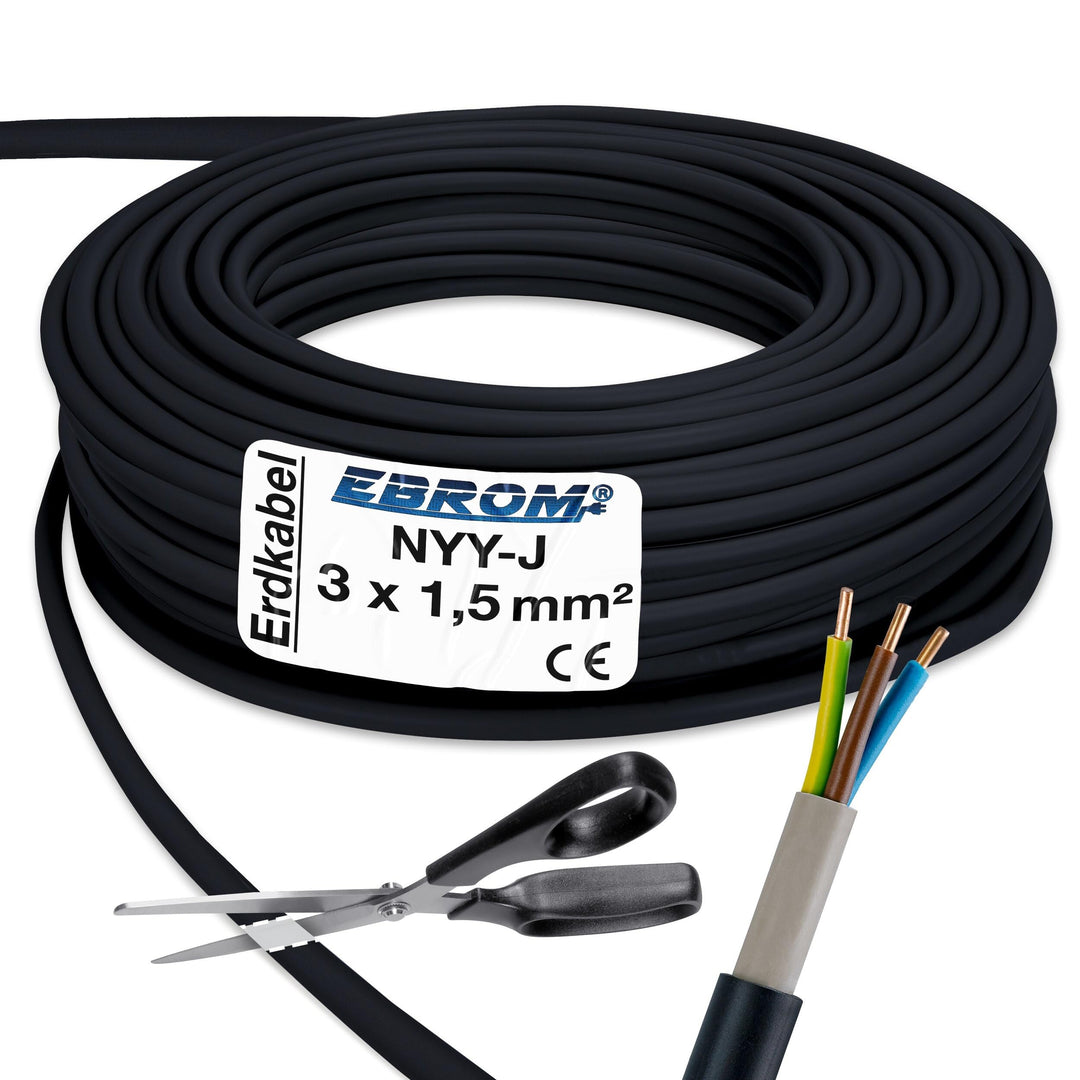 EBROM Erdkabel NYY-J 3x1,5 mm² Starkstromkabel Erdleitung schwarz - 90 m 90 Meter, 90 Meter