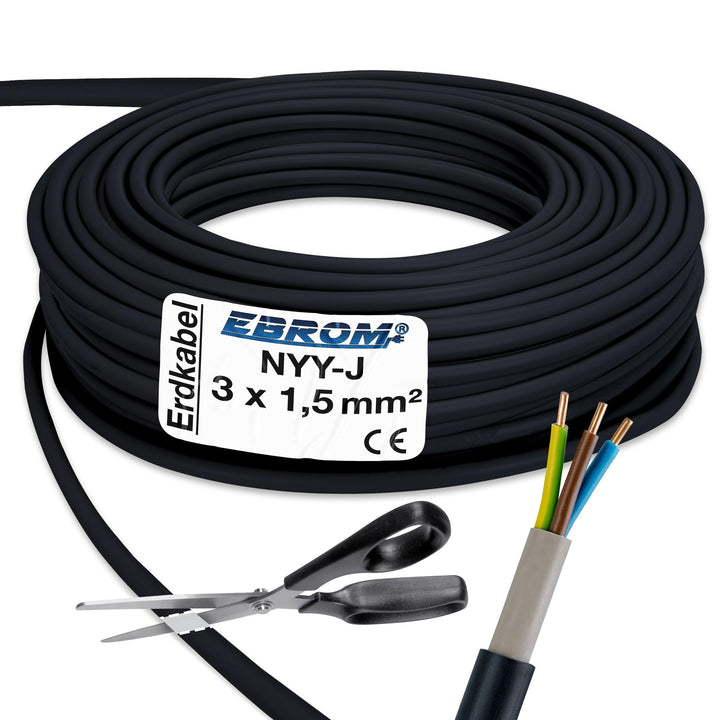 EBROM Erdkabel NYY-J 3x1,5 mm² Starkstromkabel Erdleitung schwarz - 90 m 90 Meter, 90 Meter