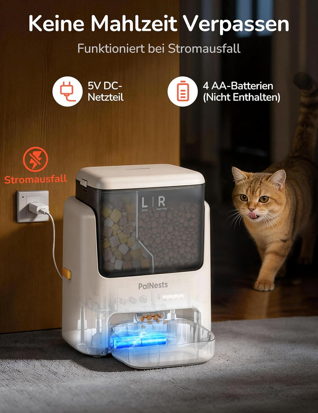 Futterautomat Katze 5L, PalNests Automatischer Futterspender für Katze und Hund mit Edelstahlnapf, D