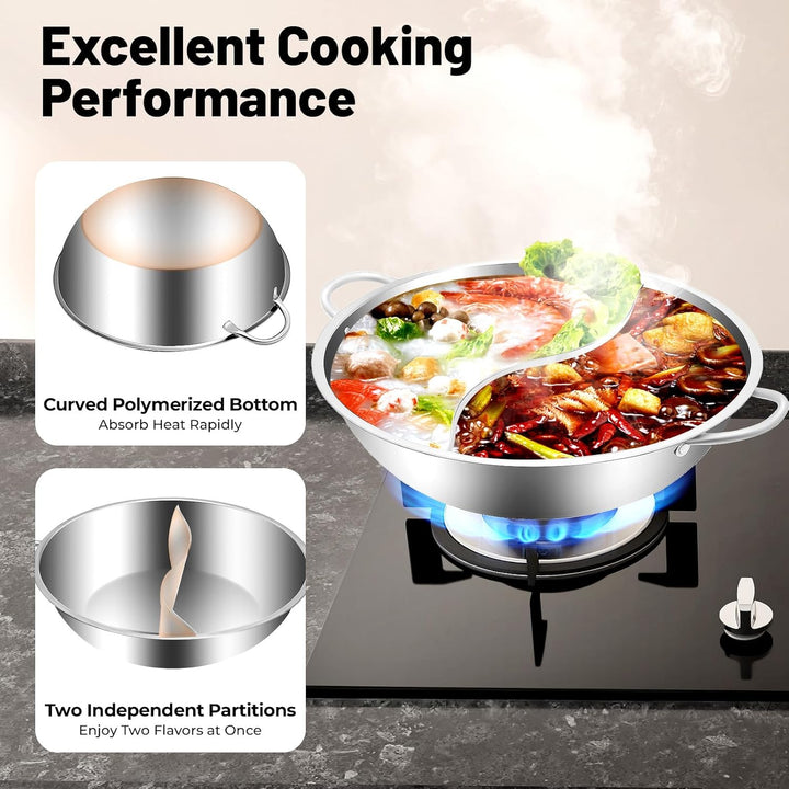 Shabu Topf,Edelstahl Geteilter Hot Pot 34cm Doppelfach Induktionstauglich mit Griff Glasdeckel, S-Ty