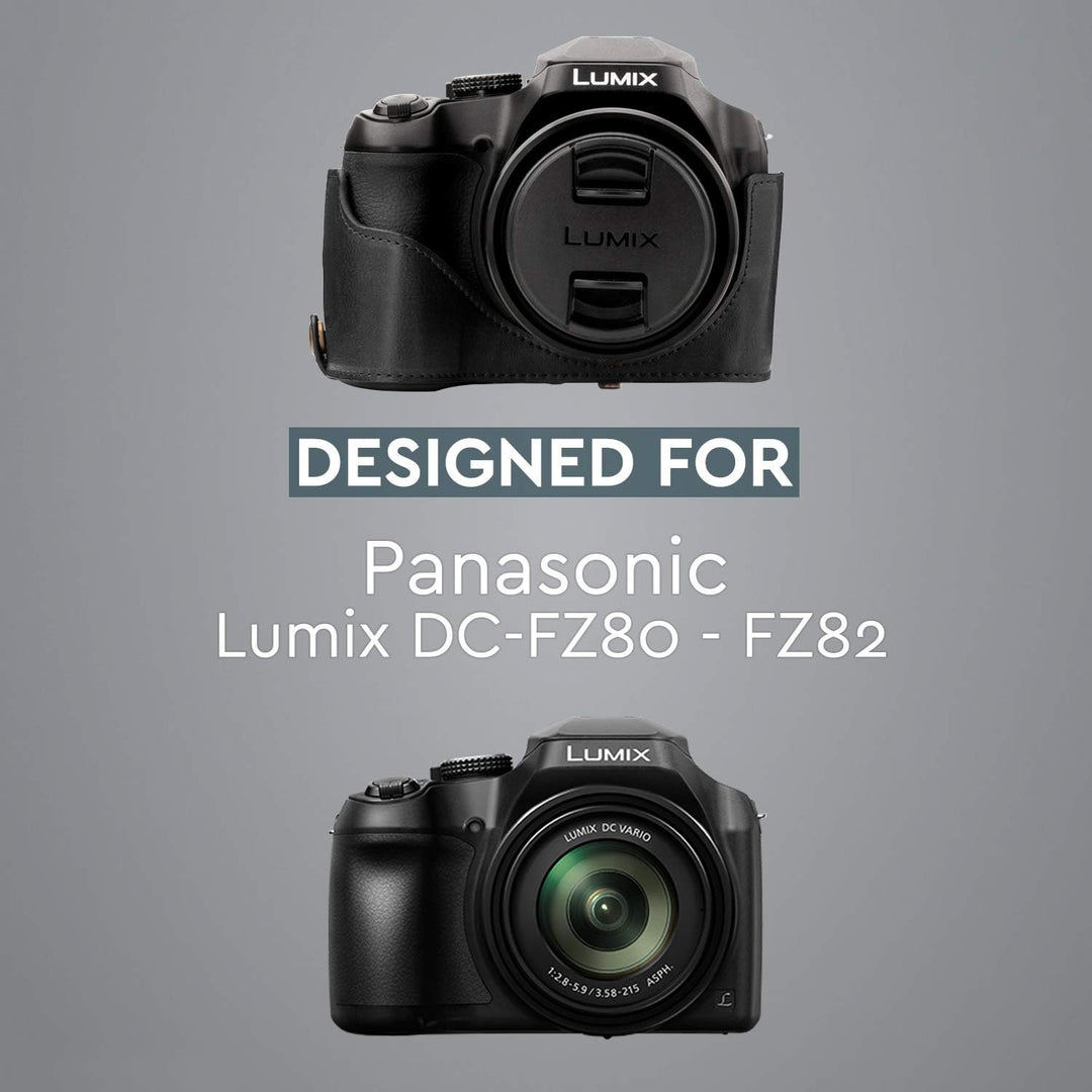 MegaGear Panasonic Lumix DC-FZ80, FZ82 Ever Ready Leder Kamera-Case mit Trageriemen und Batteriezuga