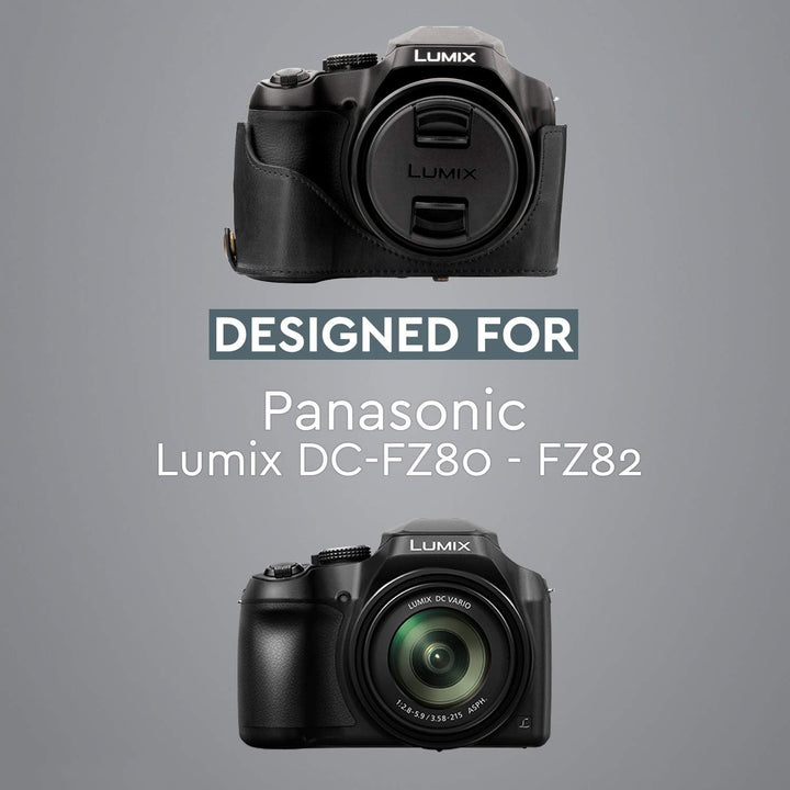 MegaGear Panasonic Lumix DC-FZ80, FZ82 Ever Ready Leder Kamera-Case mit Trageriemen und Batteriezuga