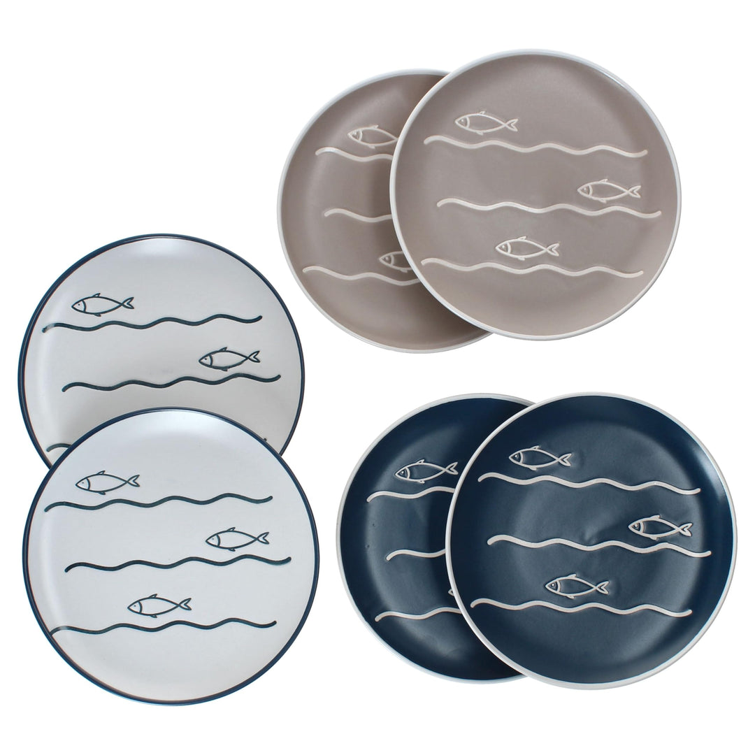 MamboCat 6er Set Dessertteller Fisch I 2X weiss, 2X beige, 2X blau I Keramik mit Fischmotiv I Ø 20,3