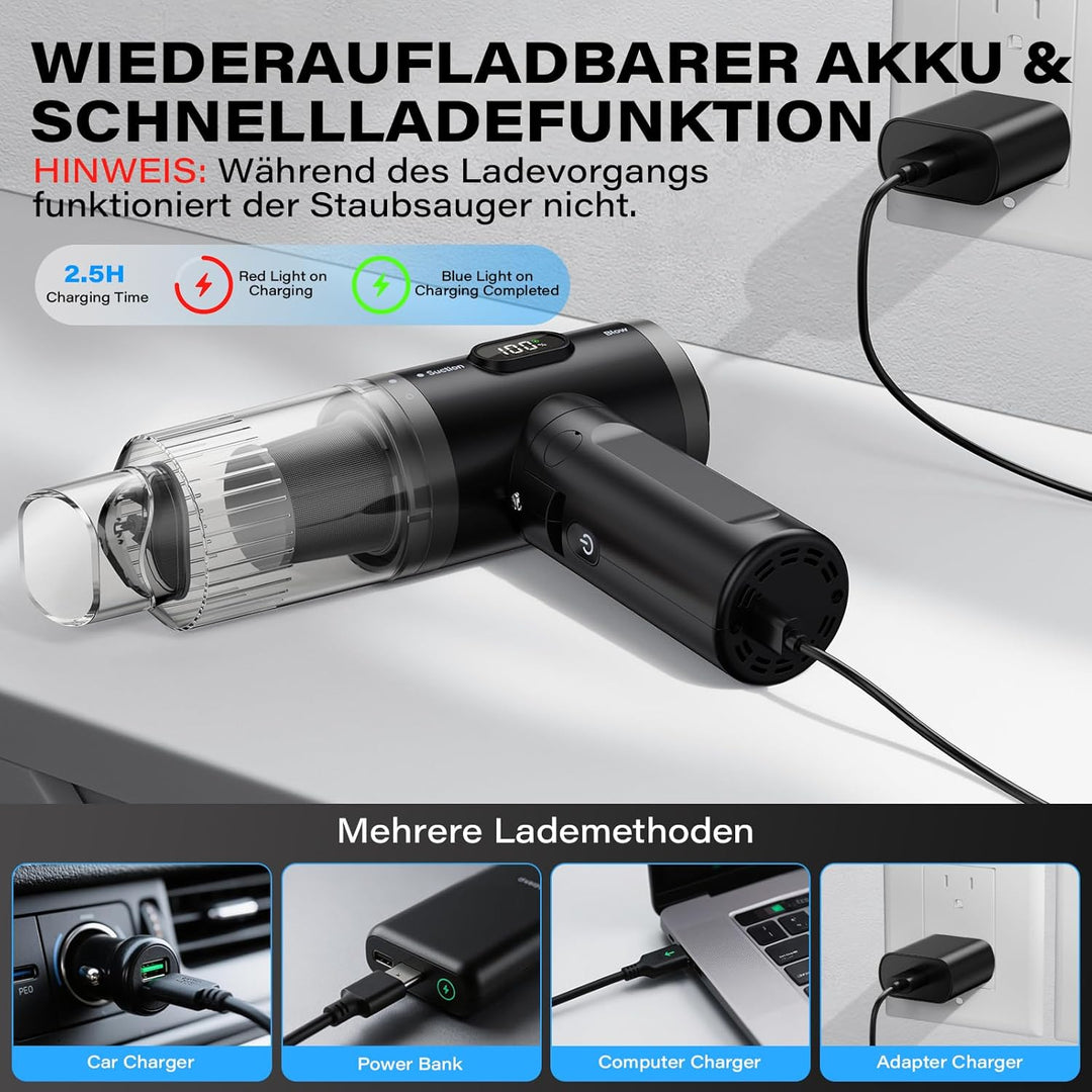 APPS2Car Handstaubsauger Akku Für Auto, 15000PA Mini Akku Auto Staubsauger Stark mit Digitalanzeige,