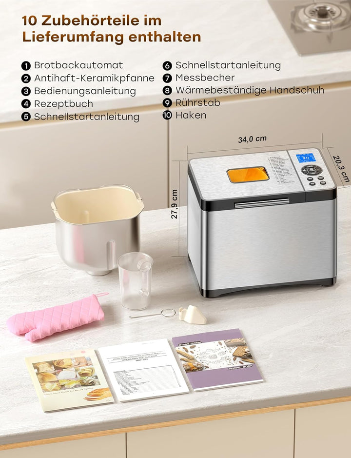 Brotbackautomat 1kg Edelstahl mit Keramikpfanne, 19 Automatischer Programme inkl. individuell progra
