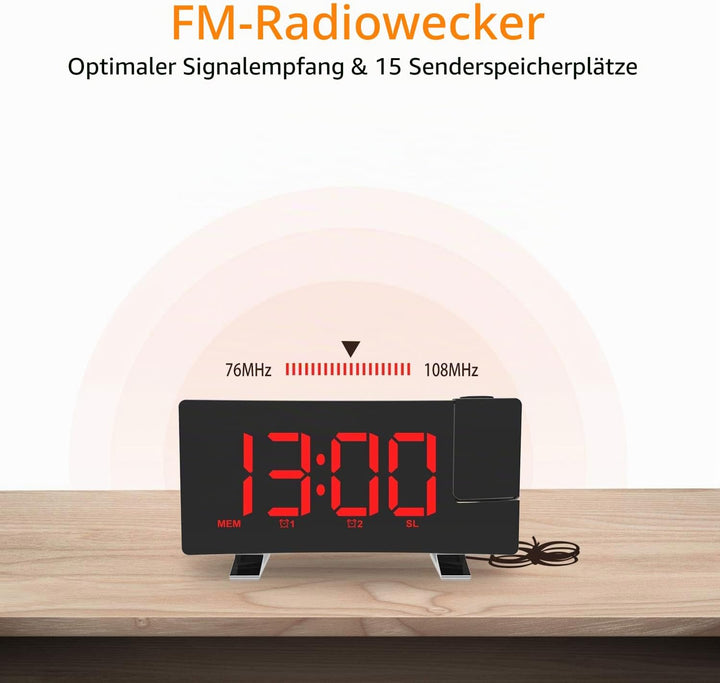 ThreeH Projektionswecker mit USB-Telefonladegerät Radiowecker mit 2 Wecktönen/4 Dimmer/180° drehbar/