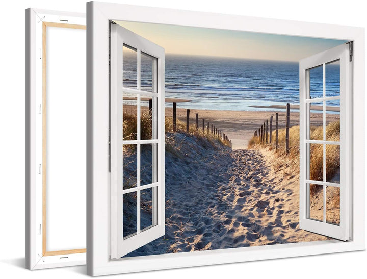 PICANOVA – Bild auf Leinwand Weg zum Meer Fenster 100x75cm – Leinwandbild – Premium Leinwanddruck –