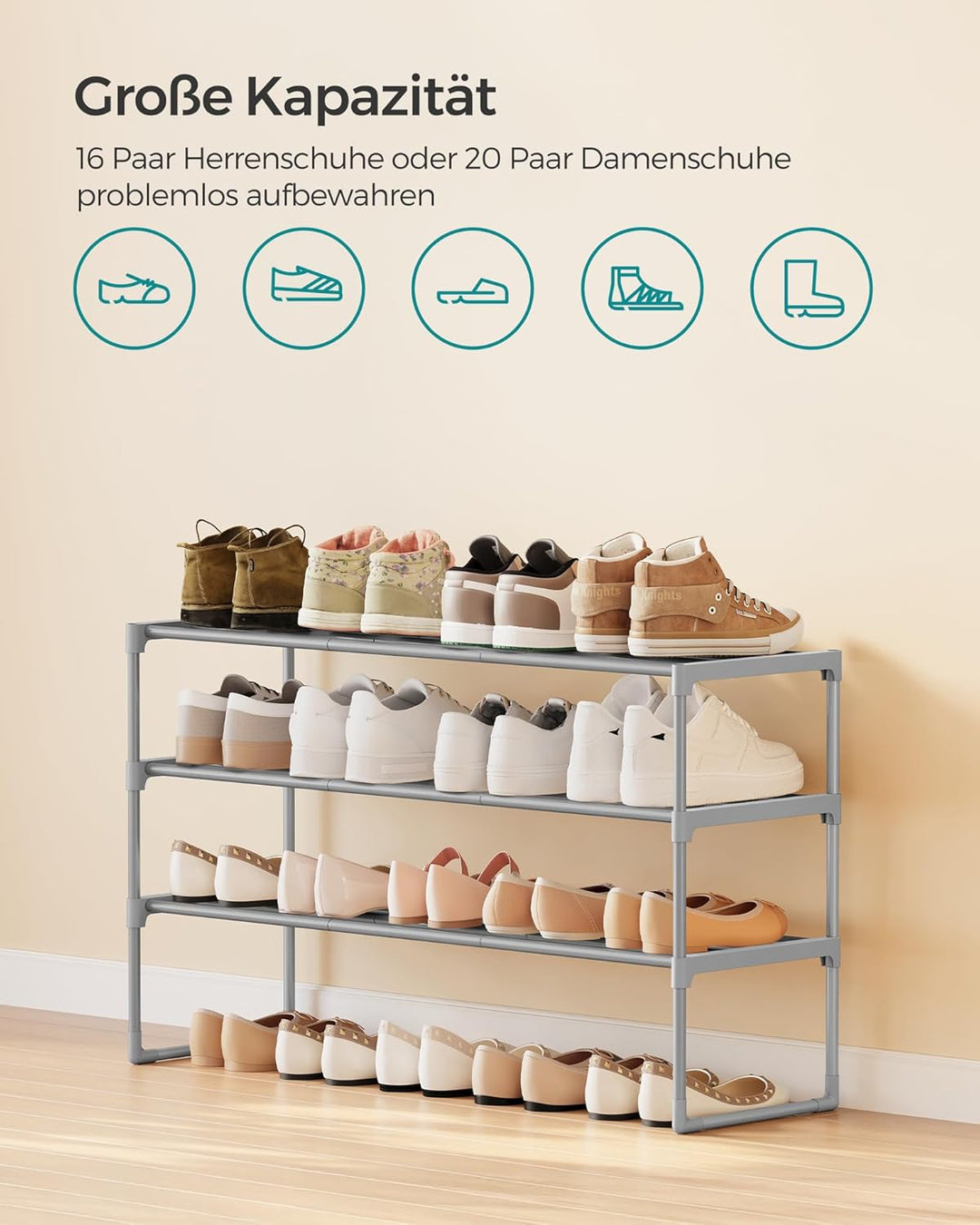 SONGMICS Schuhregal 3 Ebenen, Schuhständer Metall, Schuhaufbewahrung, Schuh-Organizer, aufrecht oder
