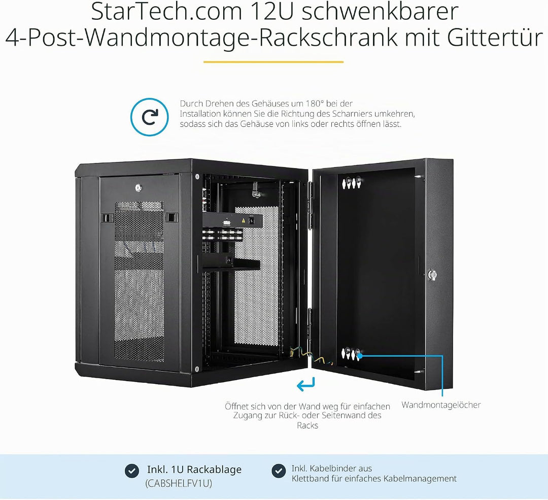 StarTech.com 12HE 19 Zoll Wandmontage Netzwerk Rack - 40,5cm tiefes, aufklappbares, abschliessbares