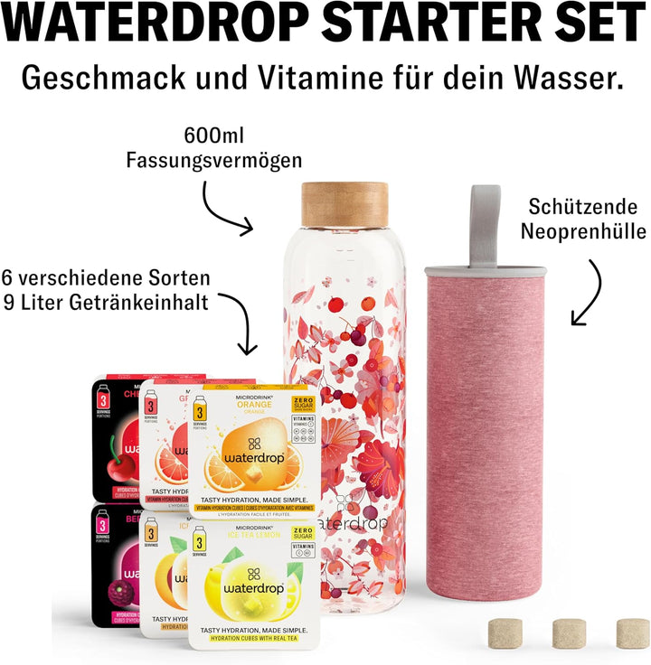 waterdrop® Flasche aus Glas 600ml inkl. 18 zuckerfreie Drops - Geschenk für Frauen - Probierpaket mi