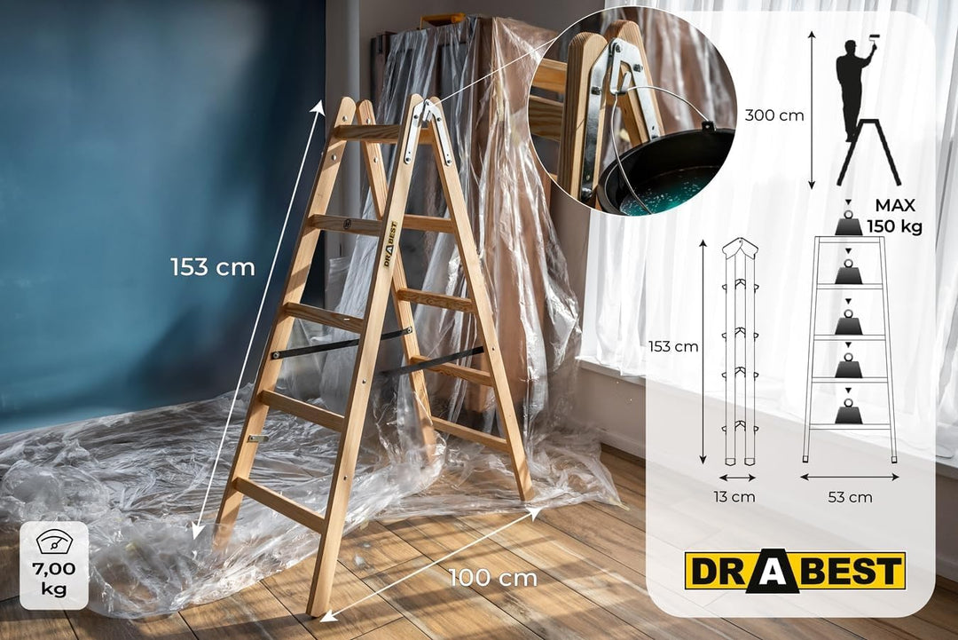 DRABEST - Holzleiter - für Malerarbeiten - 2X 5 Sprossen - m lang - bis 150 kg - Arbeitshöhe 1,53m 3