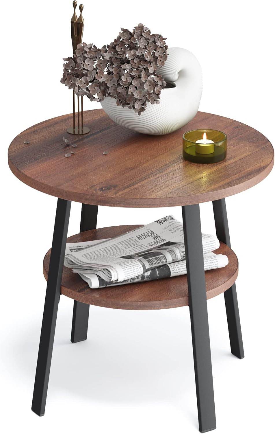 Stardis Beistelltisch rund stabiles Metallgestell/Holz Ø43xH 44 cm, 2 Ablagen Nachttisch Couchtisch