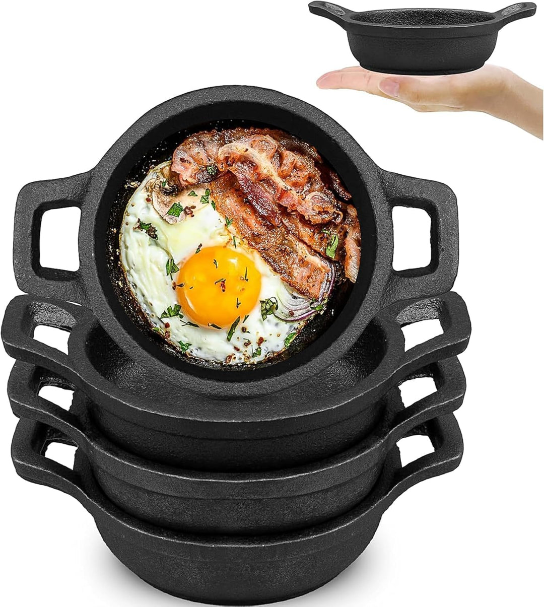 4er Set Mini Gusseisen Grillpfännchen, 11 cm Kleine Servierpfanne mit Griff, Rund Preseasoned Gussei