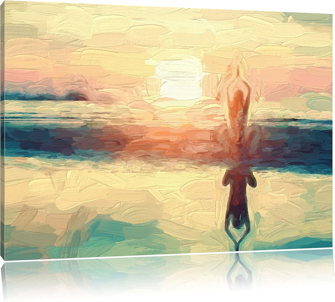 Pixxprint Frau in Einer Yogapose am Strand als Leinwandbild/Grösse: 100x70 cm/Wandbild/Kunstdruck/fe
