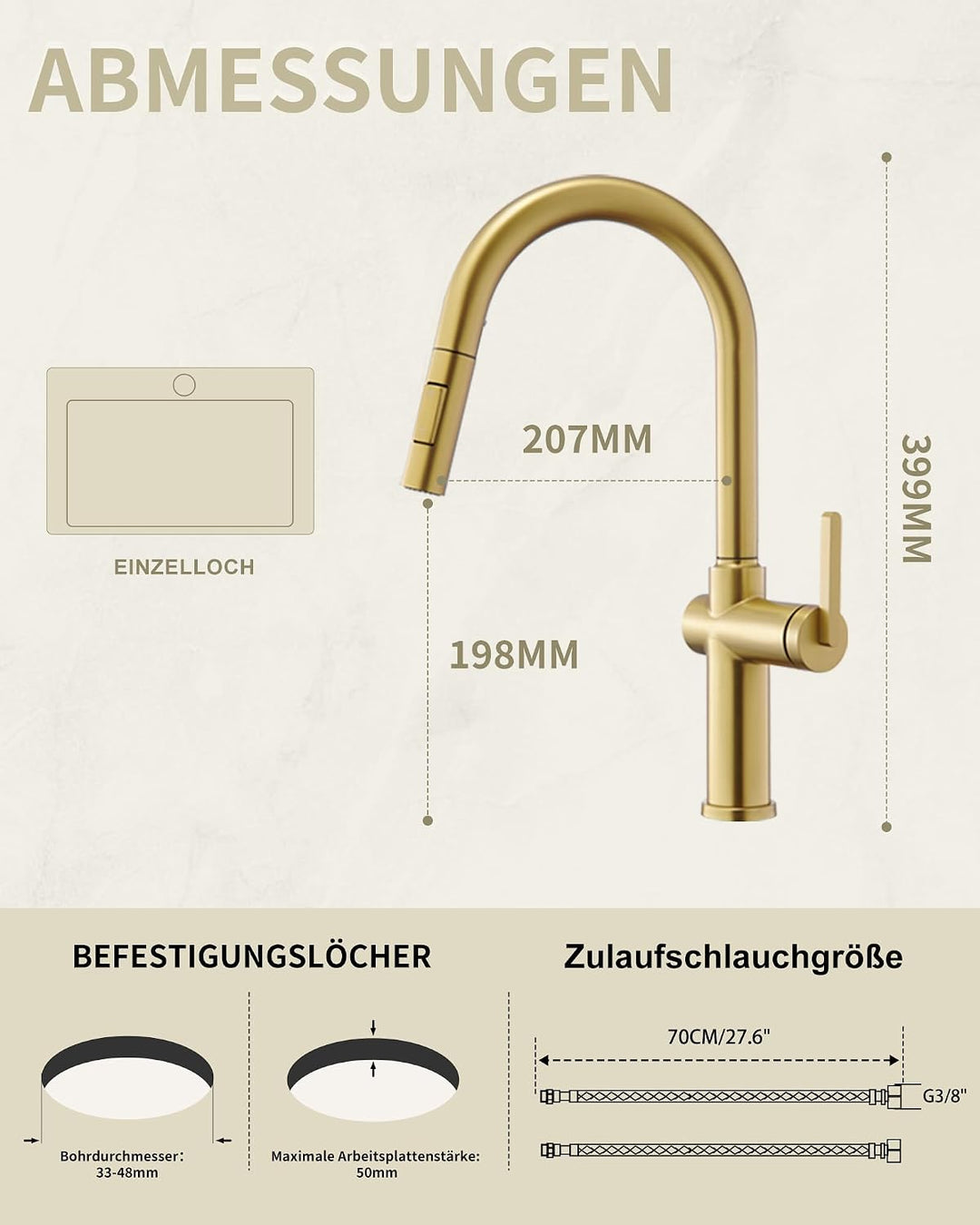Tohlar Gebürsteter Gold Wasserhahn Küche Ausziehbar Gold | Hochdruck, Gold | Hochdruck