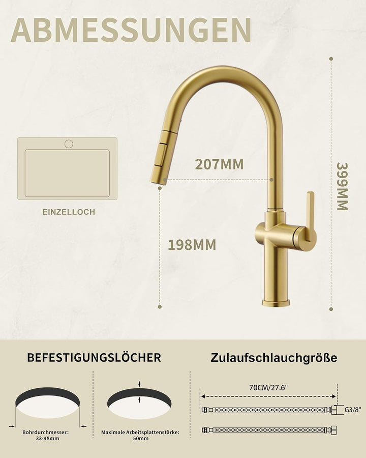 Tohlar Gebürsteter Gold Wasserhahn Küche Ausziehbar Gold | Hochdruck, Gold | Hochdruck