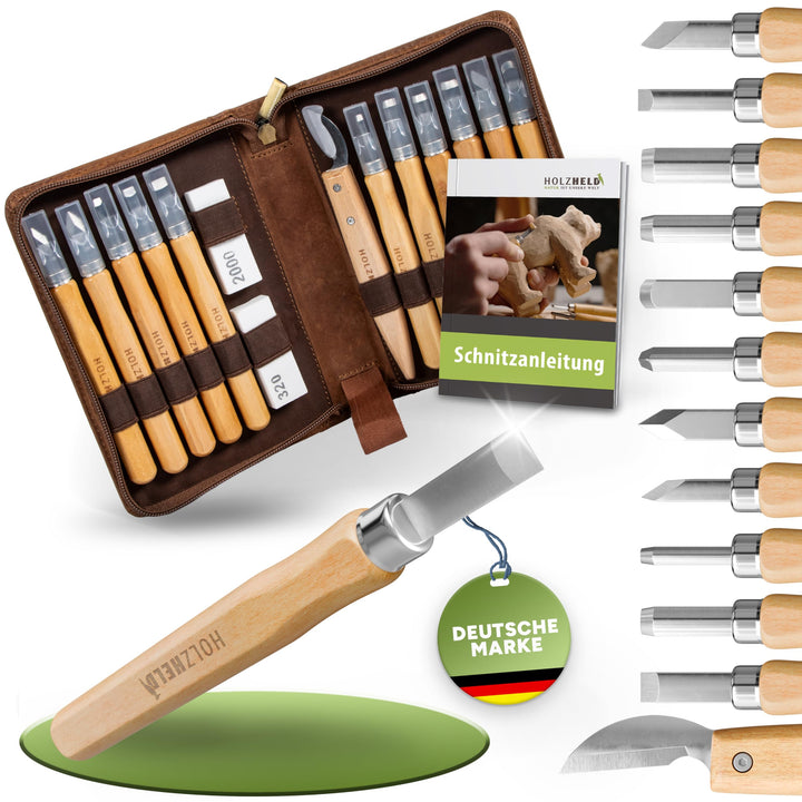 HOLZHELD Schnitzwerkzeug -Set (16-teilig) in hochwertig verarb. Ledertasche. Schnitzset mit hochwert