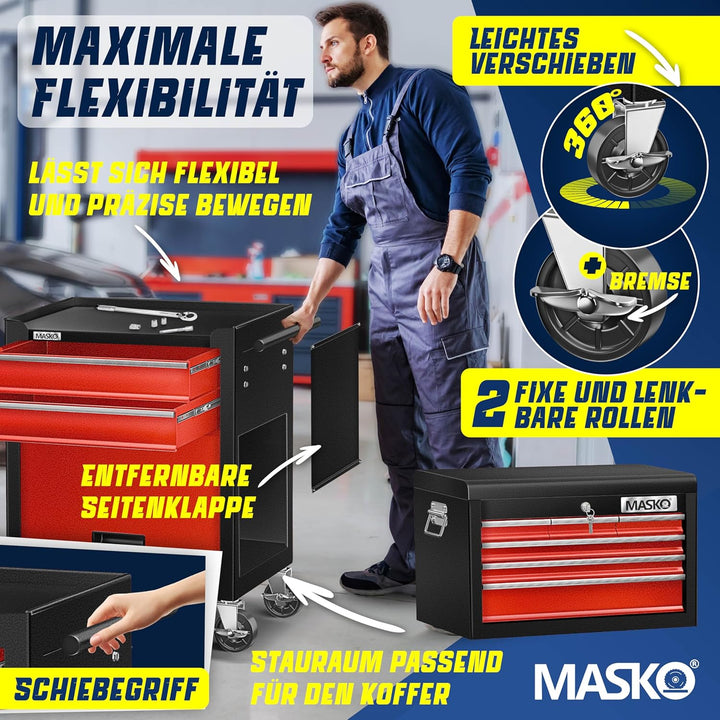 MASKO® Werkstattwagen inkl. Koffer - 9 Fächer Abschliessbar | Massives Metall | Mobiler Werkzeug-Wag