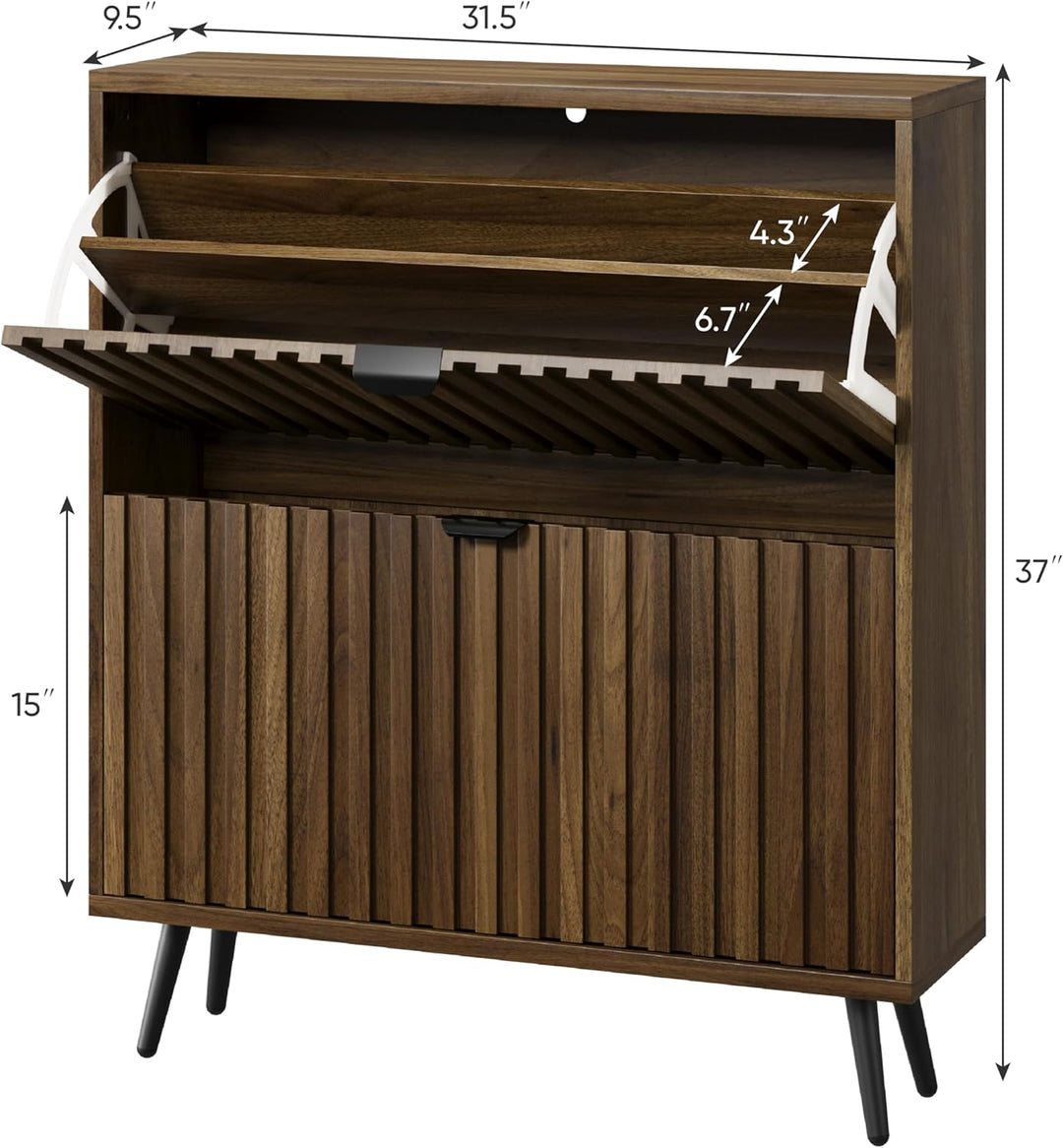 Smuxee Schuhschrank mit 2 Klappschubladen, 80 cm, Walnussholz, versteckter Schuhschrank mit geriffel