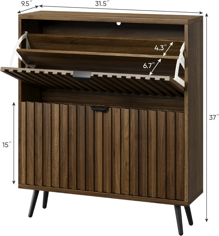 Smuxee Schuhschrank mit 2 Klappschubladen, 80 cm, Walnussholz, versteckter Schuhschrank mit geriffel
