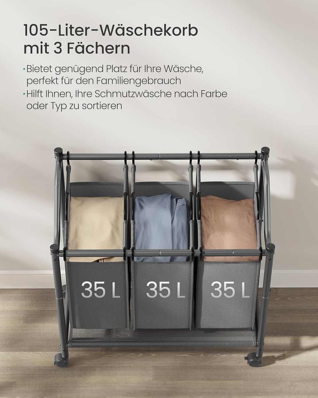 SONGMICS Wäschekorb mit Rollen, Wäschesammler mit 3 abnehmbaren Wäschesäcken, Wäschewagen, für Wasch