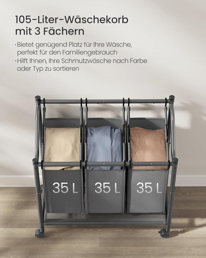 SONGMICS Wäschekorb mit Rollen, Wäschesammler mit 3 abnehmbaren Wäschesäcken, Wäschewagen, für Wasch