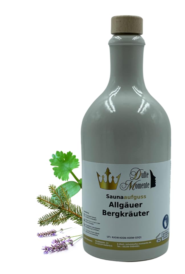 Dufte Momente | Saunaduft Konzentrat Allgäuer Bergkräuter 500ml | in weisser Steinzeugflasche mit Ko