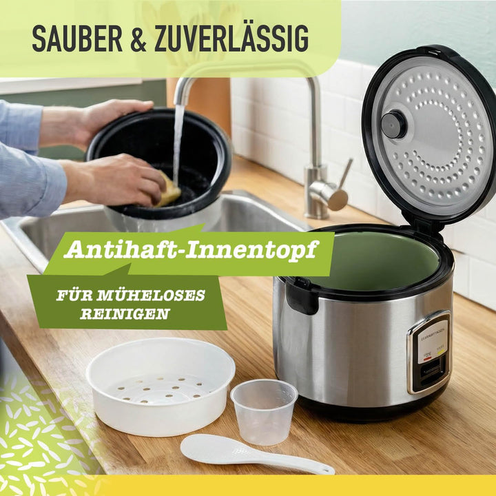 GOURMETmaxx Kompakt-Reiskocher &amp; Dampfgarer, 1L, inkl. Dampfeinsatz, Gartopf, Reislöffel &amp; Messbeche
