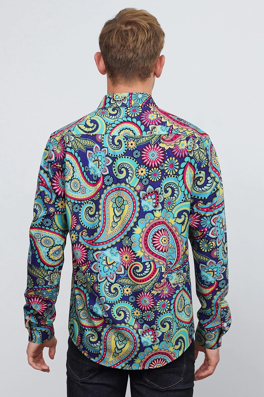 HISDERN Herren Paisley Hemd Langarm Satin Blumen Muster Hemd für Männer Jacquard Stickerei Freizeith