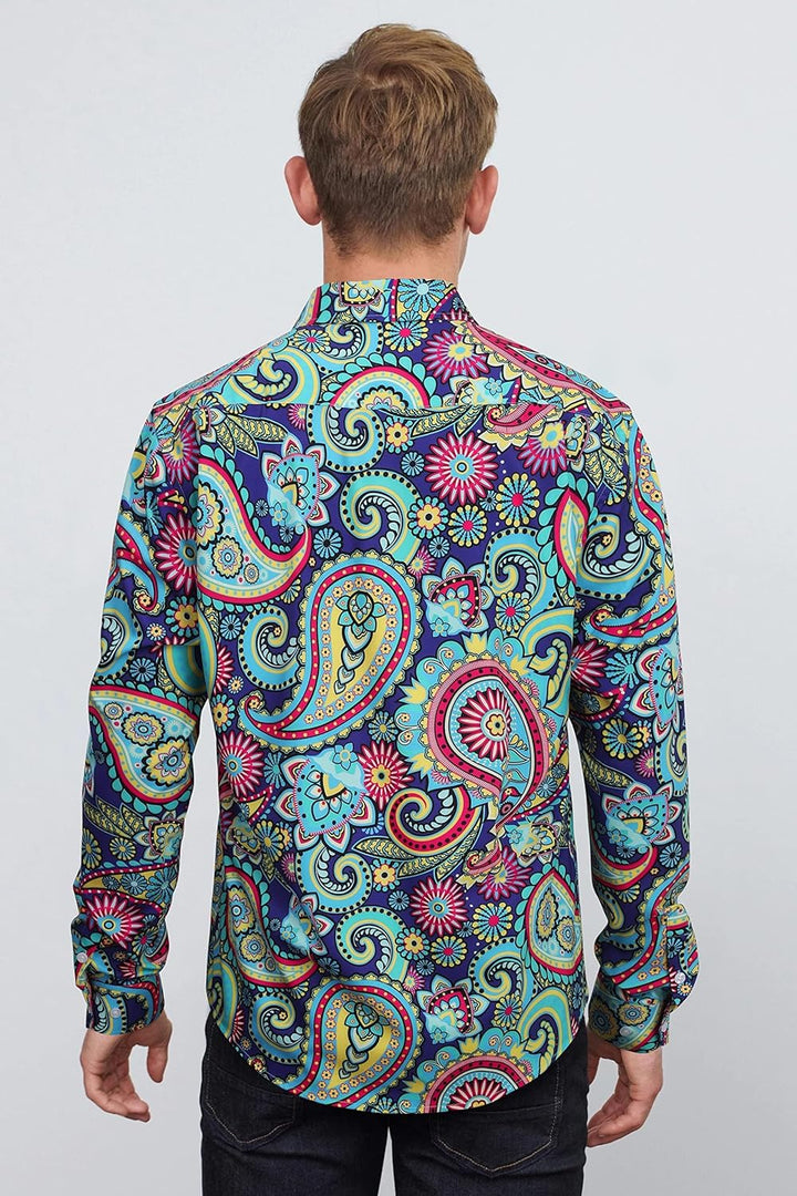 HISDERN Herren Paisley Hemd Langarm Satin Blumen Muster Hemd für Männer Jacquard Stickerei Freizeith