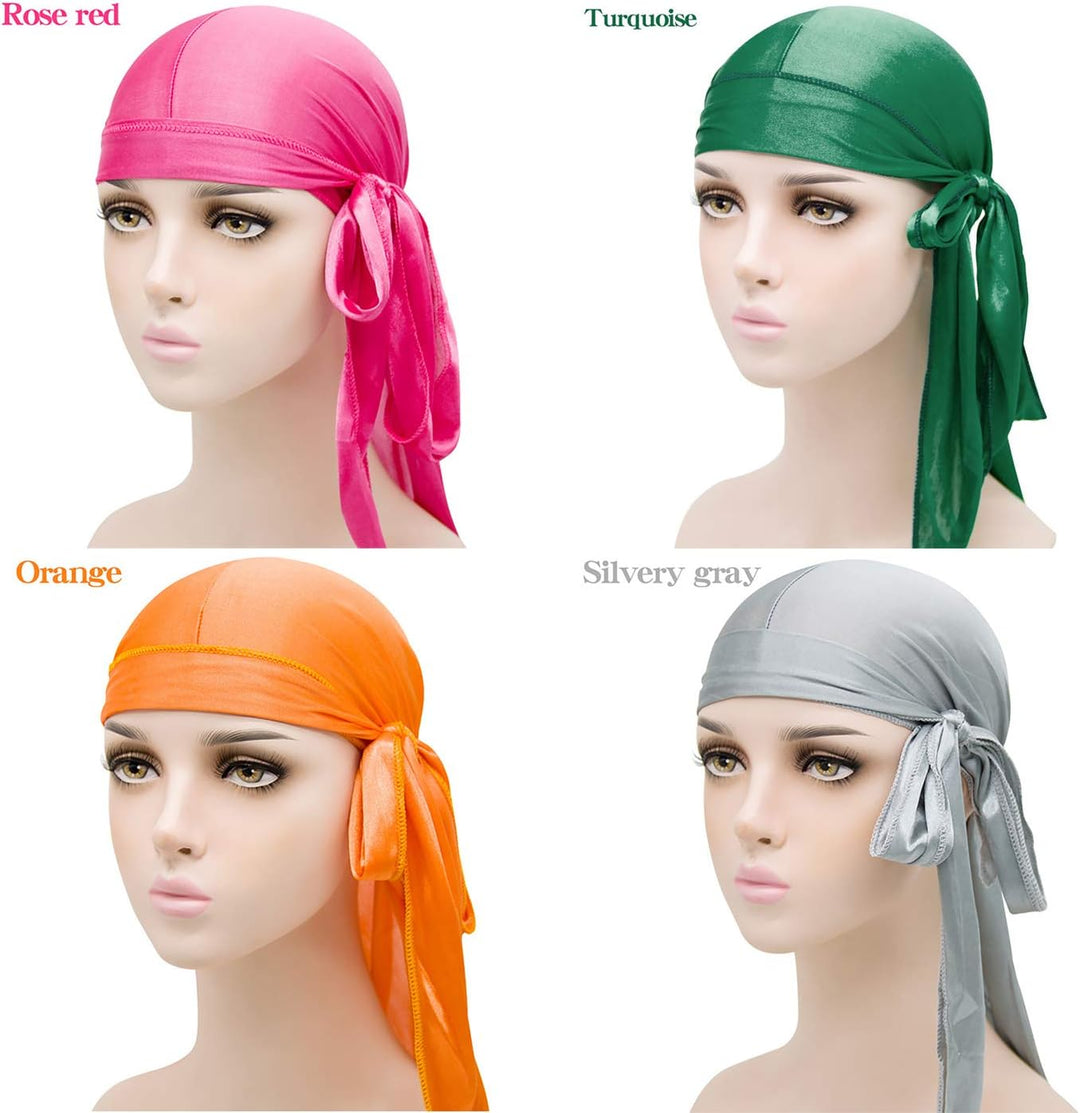 SIKAMARU Durag mit langem Schwanz, Unisex, breite Träger, Piraten-Haarverlust-Turban, Hut für Damen