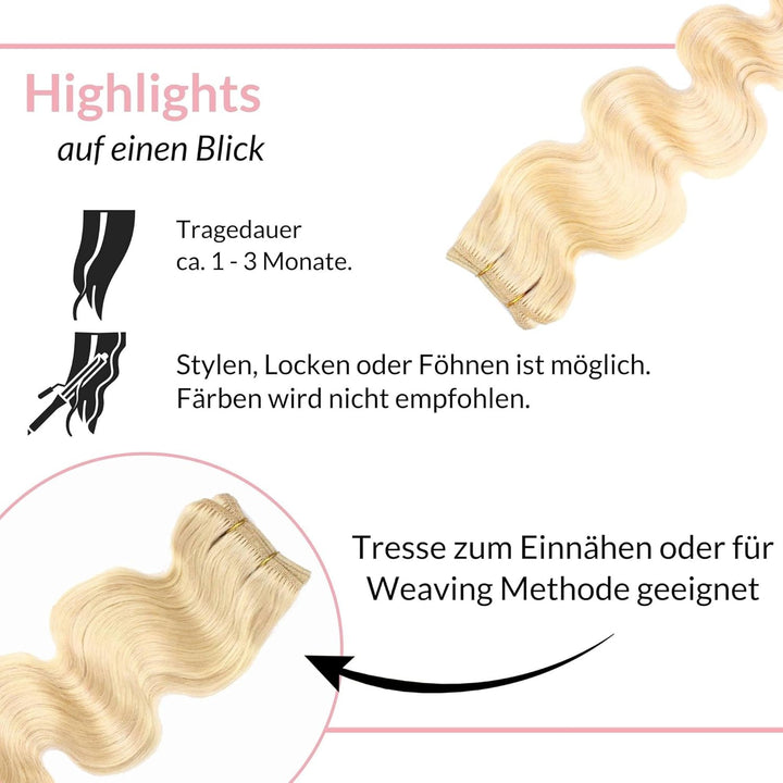 hair2heart Echthaar Tressen zum Einnähen Extensions Gewellt - 50cm 100g 9/0 lichtblond #22 Goldblond