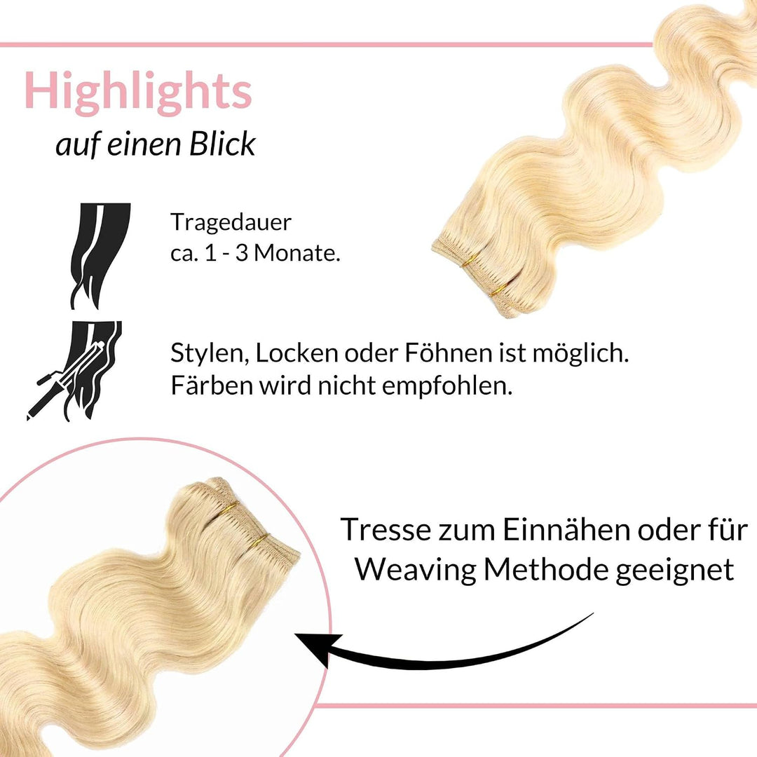hair2heart Echthaar Tressen zum Einnähen Extensions Gewellt - 50cm 100g 9/0 lichtblond 