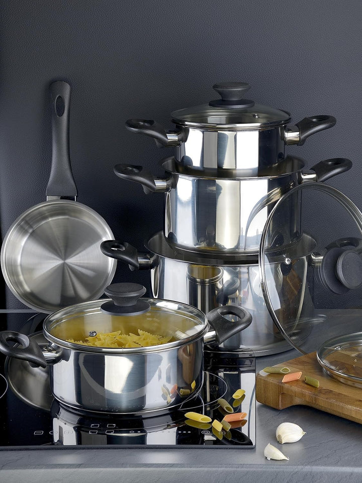 Linnuo Topfset Induktion Kochtopf Set Edelstahl Töpfe mit Glasdeckel Griff nicht heiss, Kochgeschirr