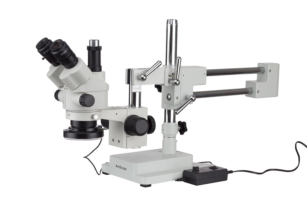 AmScope SM-4NTPX-144 Simul-Focal Stereo Zoom Mikroskop auf Boom Ständer mit einem LED Ring Light, 3.