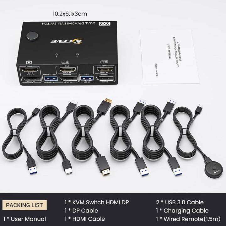 KVM Switch 2 PC 2 Monitore DP HDMI, USB 3.0 Dual Monitor KVM Switch Displayport HDMI Teilen 4 USB 3.