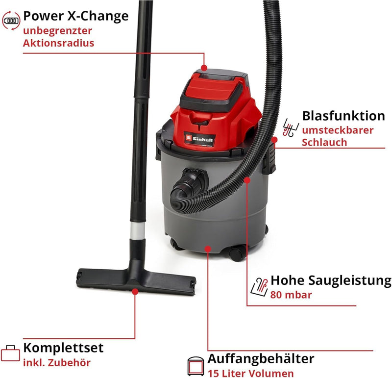 Einhell Akku-Nass-Trockensauger TC-VC 18/15 Li-Solo Power X-Change (Lithium-Ionen, Kunststoffbehälte