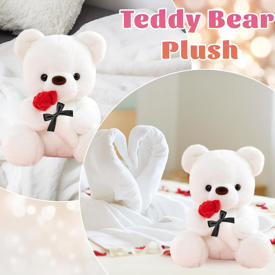 Teddybär Weiss, 25cm Teddybär mit Rose Teddy Plüsch Plüsch-Bär Teddybären Stofftier Spielzeug Plüsch