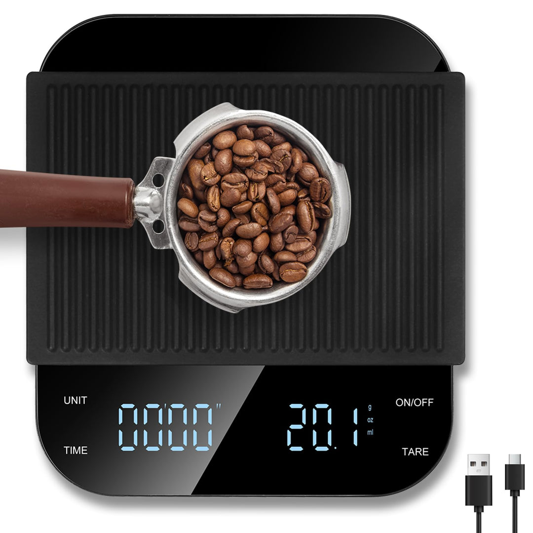 Digitale Kaffeewaage mit Timer, Espresso Waage mit 0,1g Präziser Graduierung, USB Aufladbar Feinwaag