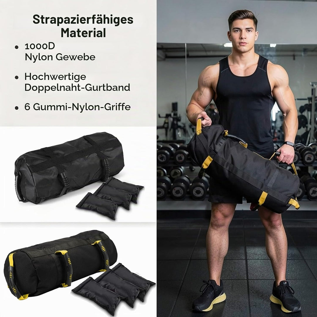 Taeku Gewichtssack für Fitness, Verstellbar Power Bag mit 6 Griffen Krafttraining Sandsäcke Workout