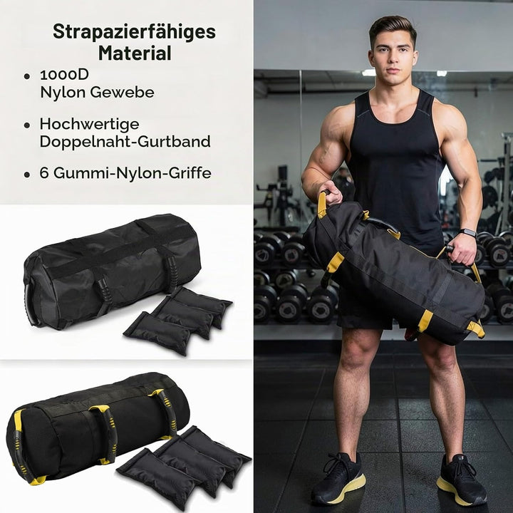 Taeku Gewichtssack für Fitness, Verstellbar Power Bag mit 6 Griffen Krafttraining Sandsäcke Workout