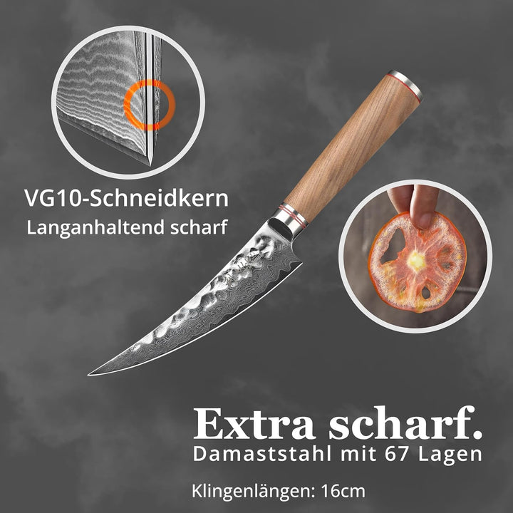 Wakoli Nussbaum Damast Ausbeinmesser Scimitar I Damast Küchemesser mit 16 cm Klinge gefertigt aus Da