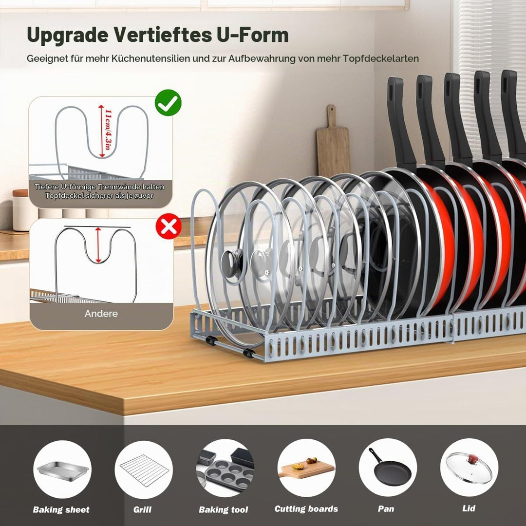 Housolution Pfannenhalter für Schublade, Erweiterbarer Topfdeckelhalter mit 14 Verstellbaren Teiler,